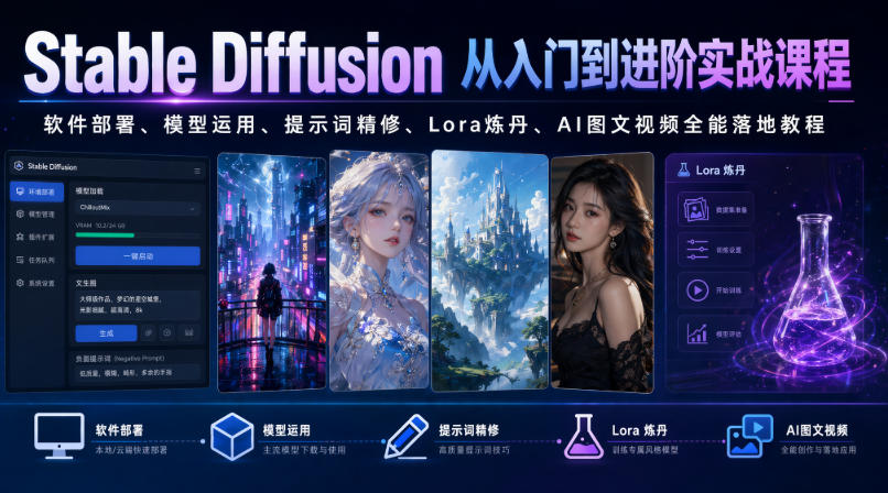 Stable Diffusion从入门到进阶实战课程｜软件部署、模型运用、提示词精修、Lora炼丹、AI图文视频全能落地教程-三禾网络