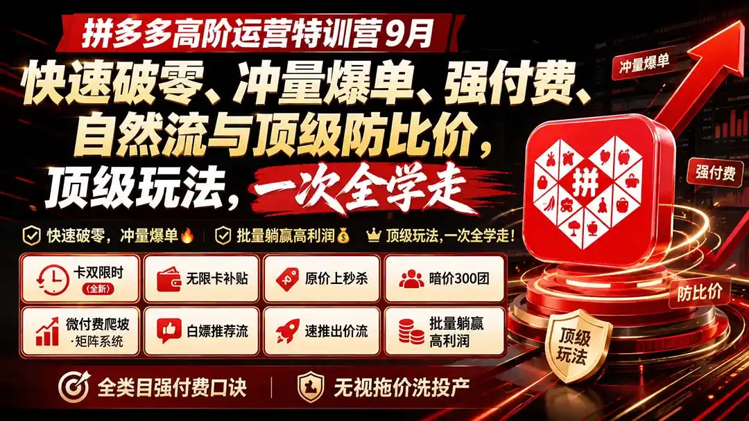 拼多多高阶运营特训营9月：快速破零、冲量爆单、强付费、自然流与顶级防比价， 顶级玩法，一次全学走-三禾网络