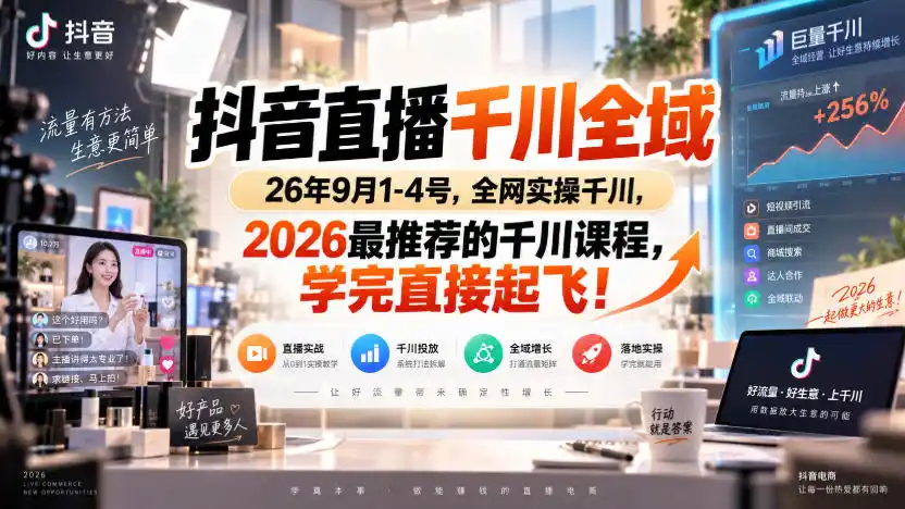 抖音直播千川全域26年9月1-4号，全网实操千川，2026最推荐的千川课程，学完直接起飞！-三禾网络