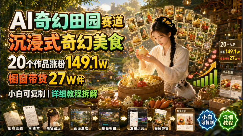 AI奇幻田园赛道，沉浸式奇幻美食，20个作品涨粉149.1W，橱窗带货27W件，小白可复制，详细教程拆解-三禾网络