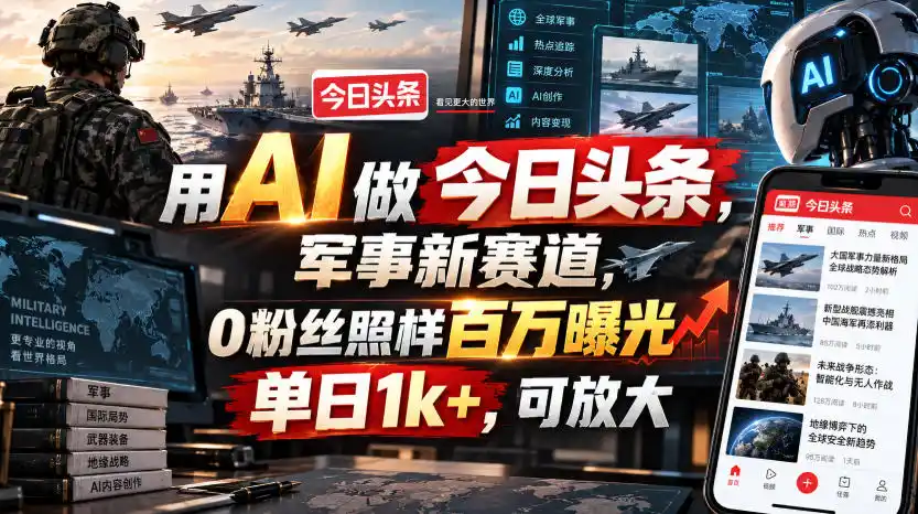 用AI做今日头条,军事新赛道,0粉丝照样百万曝光,单日1k+,可放大-三禾网络