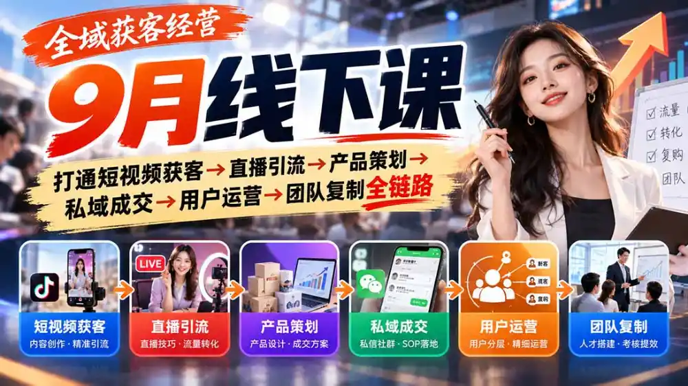 全域获客经营9月线下课：打通短视频获客→直播引流→产品策划→私域成交→用户运营→团队复制全链路-三禾网络