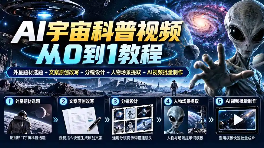 AI宇宙科普视频从0到1教程｜外星题材选题+文案原创改写+分镜设计+人物场景提取+AI视频批量制作-三禾网络