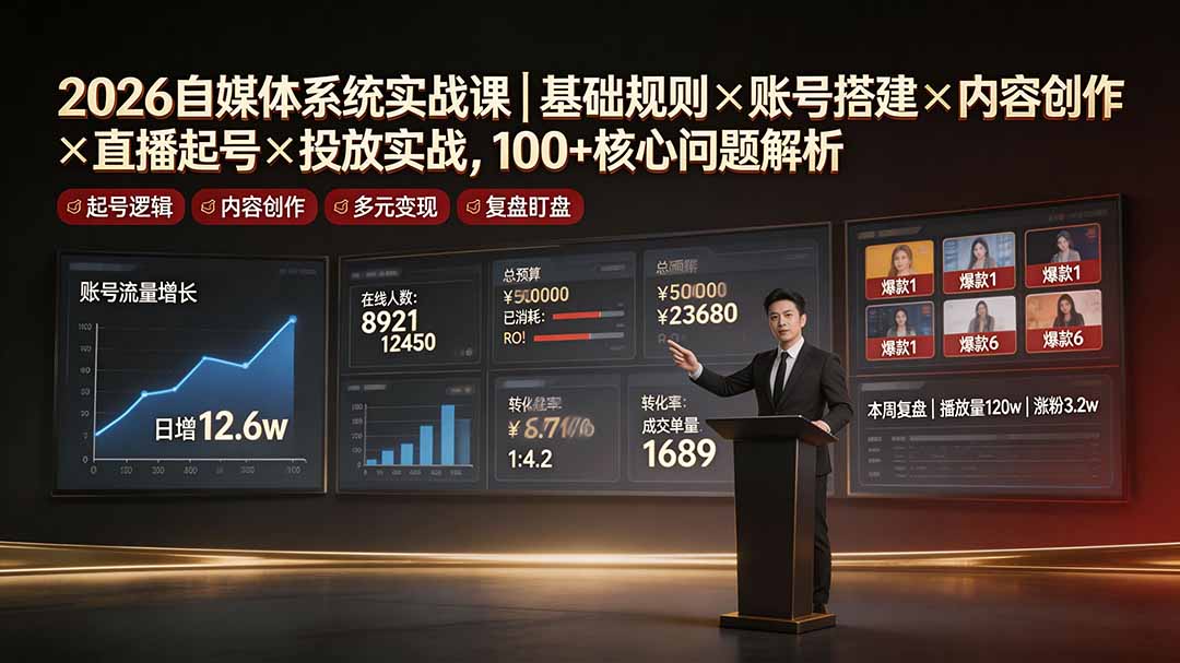 2026自媒体系统实战课｜基础规则×账号搭建×内容创作×直播起号×投放实战，100+核心问题解析-三禾网络