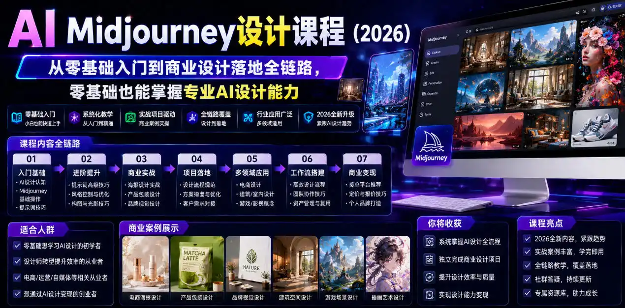 AI Midjourney设计课程(2026),从零基础入门到商业设计落地全链路,零基础也能掌握专业AI设计能力(更新0913) AI Midjourney设计课程(2026),从零基础入门到商业设计落地全链路,零基础也能掌握专业AI设计能力(更新0913)