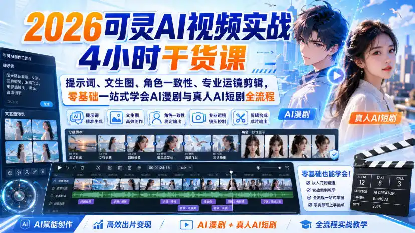 2026可灵AI视频实战4小时干货课｜提示词、文生图、角色一致性、专业运镜剪辑，零基础一站式学会AI漫剧与真人AI短剧全流程-三禾网络