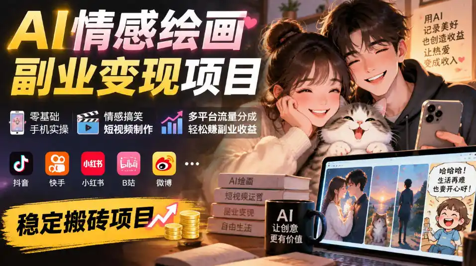 AI情感绘画副业变现项目|零基础手机实操,情感搞笑短视频制作,多平台流量分成轻松賺副业收益-三禾网络