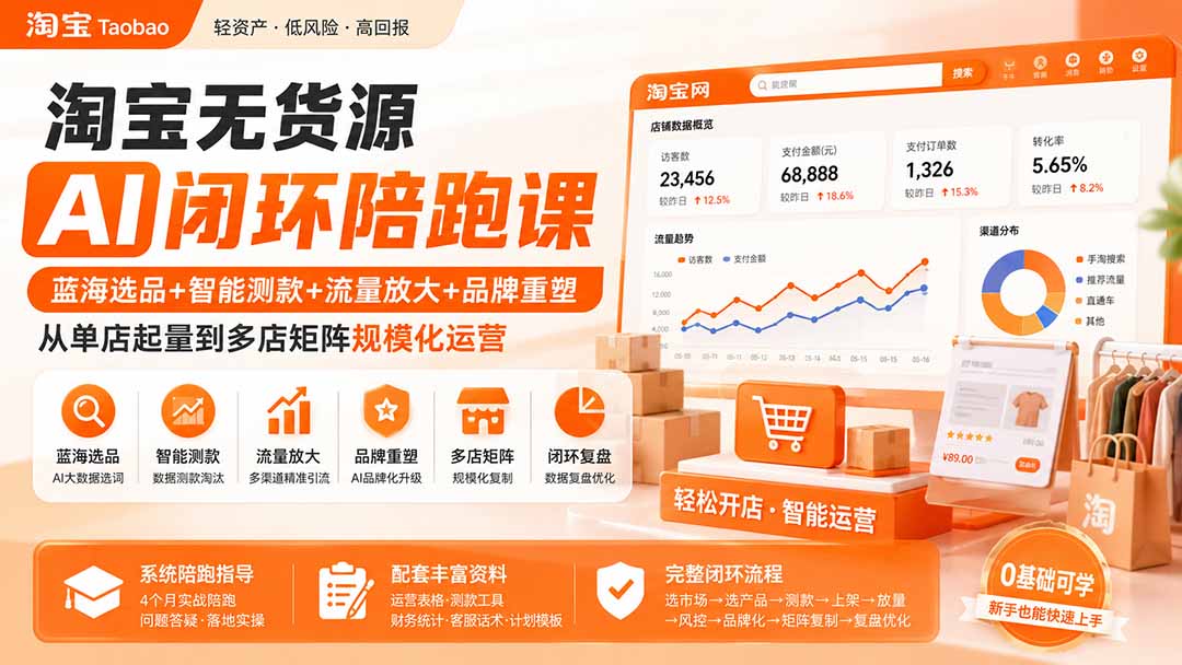 淘宝无货源AI闭环陪跑课：蓝海选品+智能测款+流量放大+品牌重塑，从单店起量到多店矩阵规模化运营-三禾网络