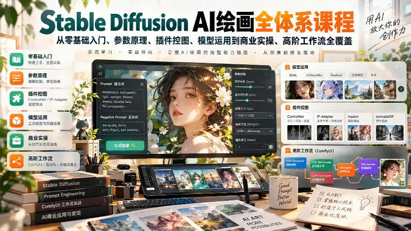 【无水印】Stable Diffusion AI绘画全体系课程，从零基础入门、参数原理、插件控图、模型运用到商业实操、高阶工作流全覆盖-三禾网络