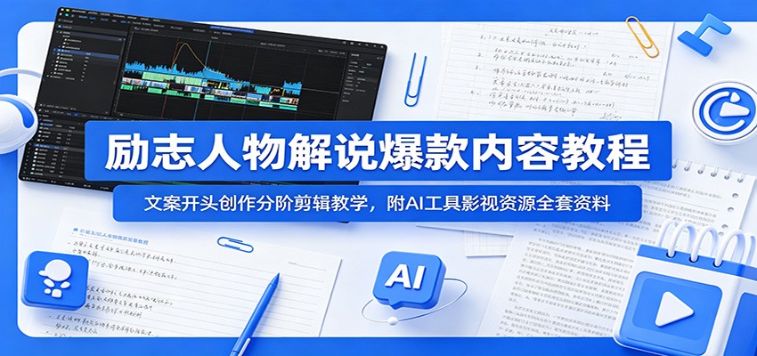 励志人物解说爆款内容教程：文案开头创作分阶剪辑教学，附AI 工具影视资源全套资料-三禾网络