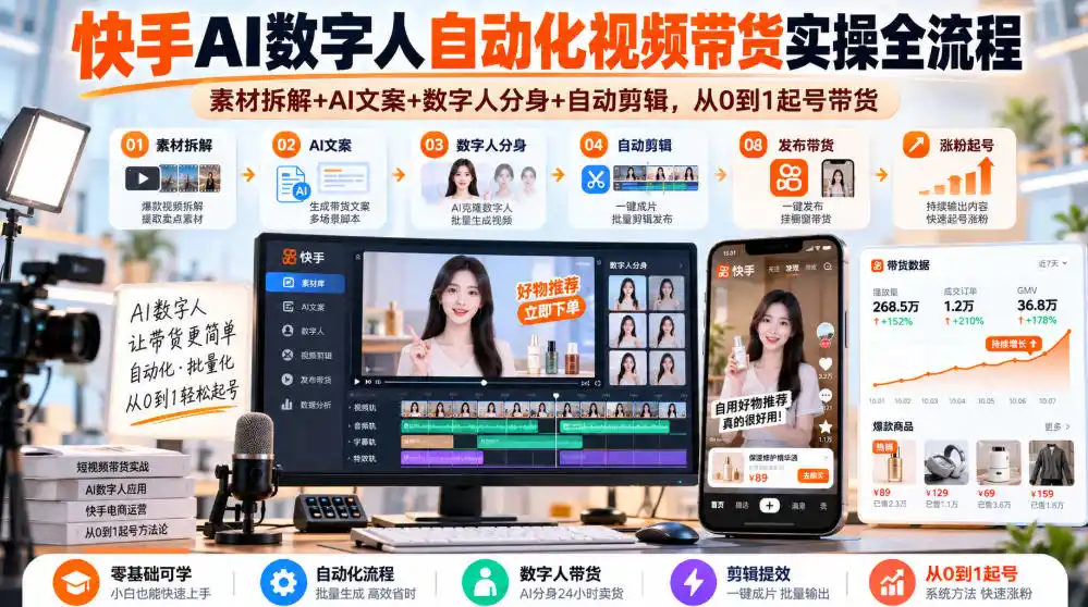 快手AI数字人自动化视频带货实操全流程｜素材拆解+AI文案+数字人分身+自动剪辑，从0到1起号带货(更新26年)-三禾网络