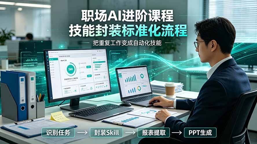 职场AI进阶课程；多类实用Skill工具实操，专属技能封装标准化流程，报表行业报告一键提取核心内容-三禾网络
