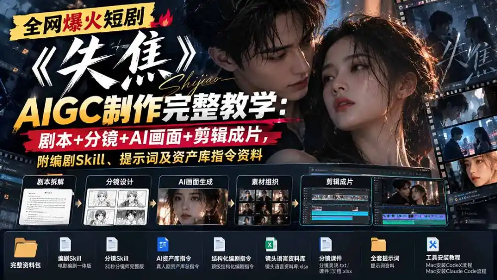 全网爆火短剧《失焦》AIGC制作完整教学：剧本+分镜+AI画面+剪辑成片，附编剧Skill、提示词及资产库指令资料-三禾网络