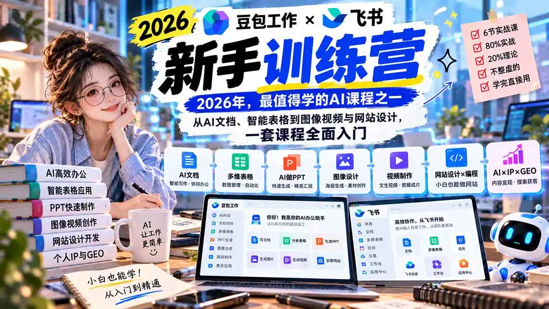 2026豆包工作+飞书新手训练营-9月新课：从AI文档、智能表格到图像视频与网站设计，一套课程全面入门-三禾网络