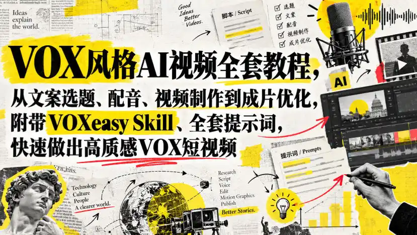 VOX风格AI视频全套教程，从文案选题、配音、视频制作到成片优化，附带VOXeasy Skill、全套提示词，快速做出高质感VOX短视频-三禾网络