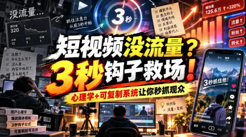 【无水印】短视频没流量？3秒钩子救场！心理学+可复制系统让你秒抓观众【原创双语字幕】-三禾网络