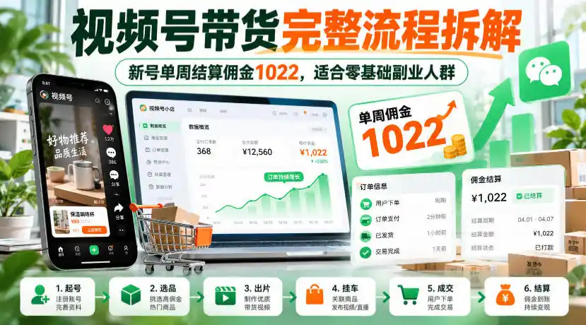 视频号带货完整流程拆解，新号单周结算佣金1022，适合零基础副业人群-三禾网络