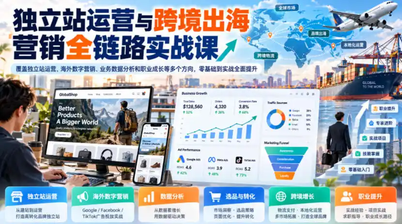 独立站运营与跨境出海营销全链路实战课，覆盖独立站运营、海外数字营销、业务数据分析和职业成长等多个方向，零基础到实战全面提升-三禾网络