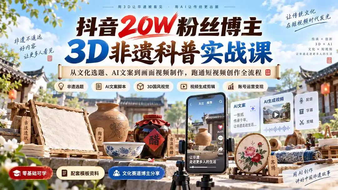 抖音20W粉丝博主3D非遗科普实战课:从文化选题、AI文案到画面视频制作,跑通短视频创作全流程 抖音20W粉丝博主3D非遗科普实战课:从文化选题、AI文案到画面视频制作,跑通短视频创作全流程