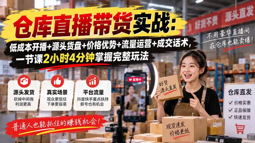 仓库直播带货实战:低成本开播+源头货盘+价格优势+流量运营+成交话术,一节课2小时4分钟掌握完整玩法 仓库直播带货实战:低成本开播+源头货盘+价格优势+流量运营+成交话术,一节课2小时4分钟掌握完整玩法