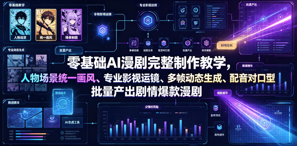 零基础AI漫剧完整制作教学，人物场景统一画风、专业影视运镜、多帧动态生成、配音对口型，批量产出剧情爆款漫剧-三禾网络