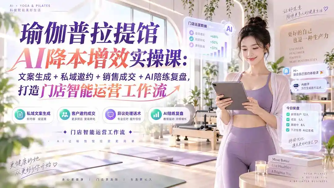 瑜伽普拉提馆AI降本增效实操课：文案生成+私域邀约+销售成交+AI陪练复盘，打造门店智能运营工作流-三禾网络