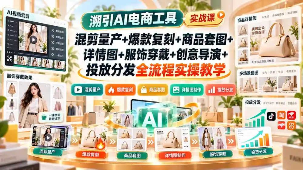 溯引AI电商工具实战课：混剪量产+爆款复刻+商品套图+详情图+服饰穿戴+创意导演+投放分发全流程实操教学-三禾网络