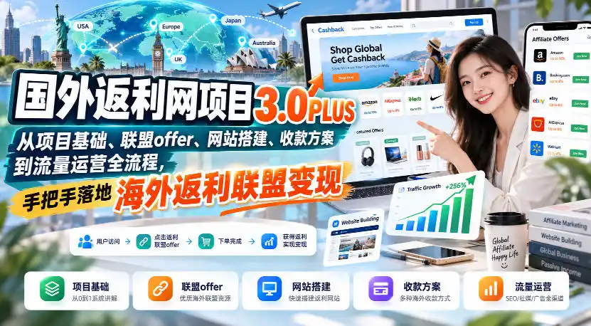 国外返利网项目3.0PLUS，从项目基础、联盟offer、网站搭建、收款方案到流量运营全流程，手把手落地海外返利联盟变现-三禾网络