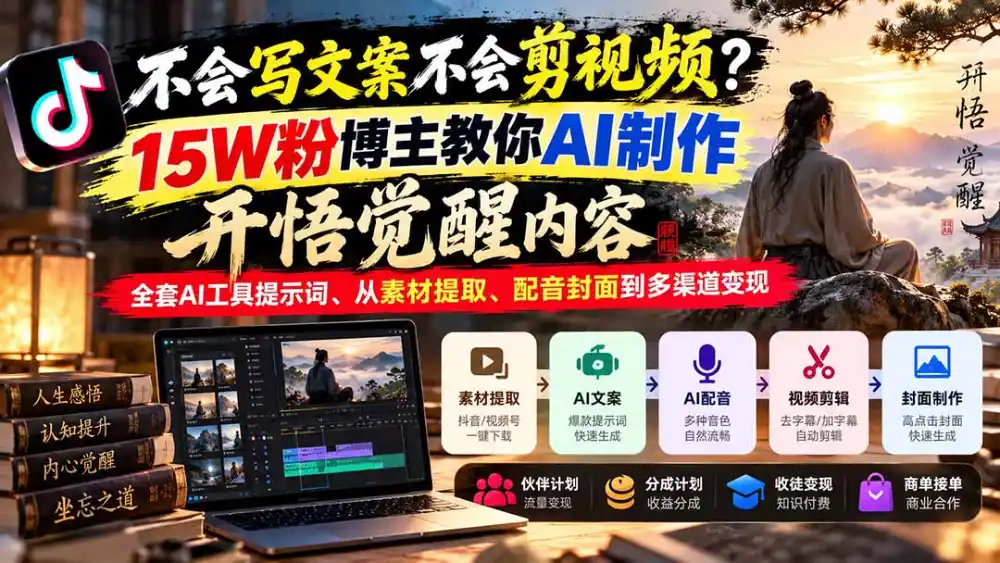 不会写文案不会剪视频？15W粉博主教你AI制作开悟觉醒内容，全套AI工具提示词、从素材提取、配音封面到多渠道变现-三禾网络