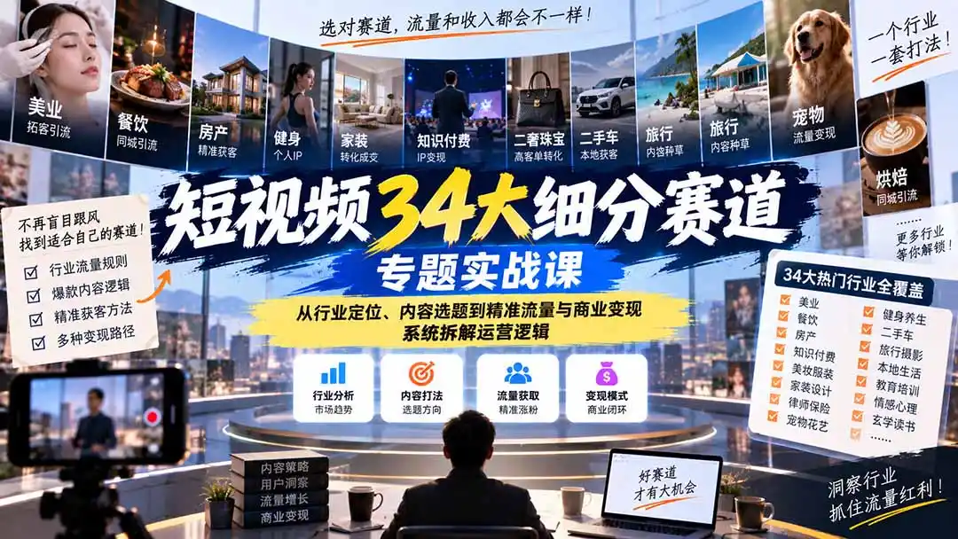 短视频34大细分赛道专题实战课：从行业定位、内容选题到精准流量与商业变现，系统拆解运营逻辑-三禾网络