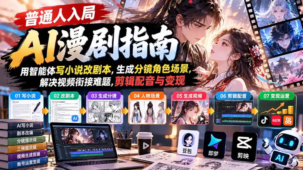 【无水印】普通人入局AI漫剧指南:用智能体写小说改剧本,生成分镜角色场景,解决视频衔接难题,剪辑配音与变现 【无水印】普通人入局AI漫剧指南:用智能体写小说改剧本,生成分镜角色场景,解决视频衔接难题,剪辑配音与变现