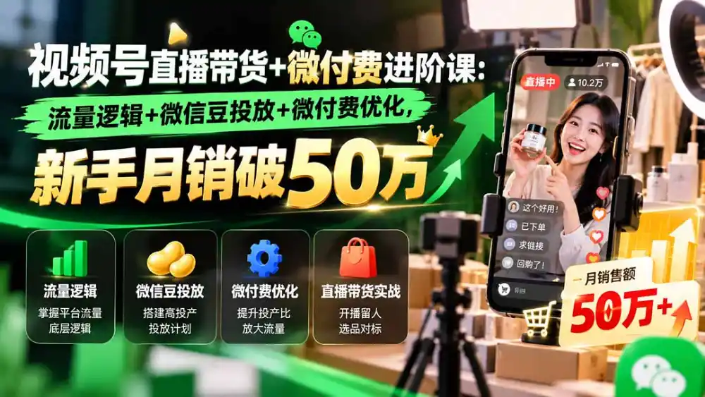 视频号直播带货+微付费进阶课-更新1010：流量逻辑+微信豆投放+微付费优化，新手月销破50万-三禾网络