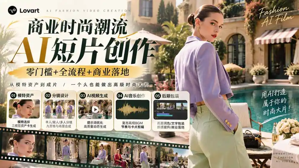 从一张模特图到高级时尚广告大片：AI三视图资产、场景合成、电影分镜、动态生成与复古音乐剪辑实战课-三禾网络