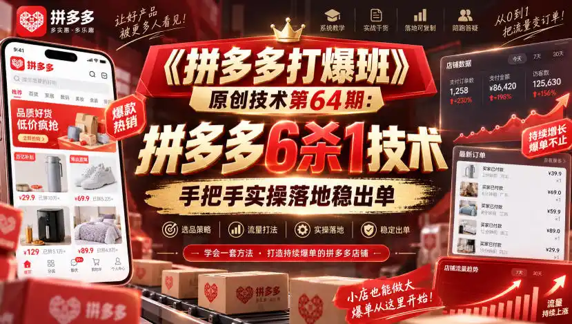 《拼多多打爆班》原创技术第64期：拼多多6杀1技术，手把手实操落地稳出单-三禾网络