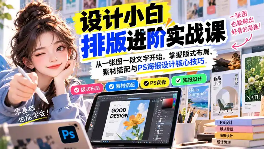 设计小白排版进阶实战课：从一张图一段文字开始，掌握版式布局、素材搭配与PS海报设计核心技巧-三禾网络