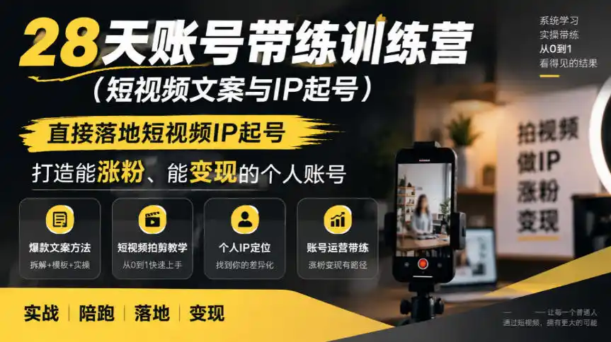 28天账号带练训练营(短视频文案与IP起号)，直接落地短视频IP起号，打造能涨粉、能变现的个人账号-三禾网络