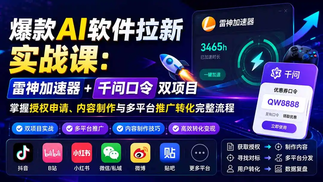 爆款AI软件拉新实战课：雷神加速器+千问口令双项目，掌握授权申请、内容制作与多平台推广转化完整流程-三禾网络
