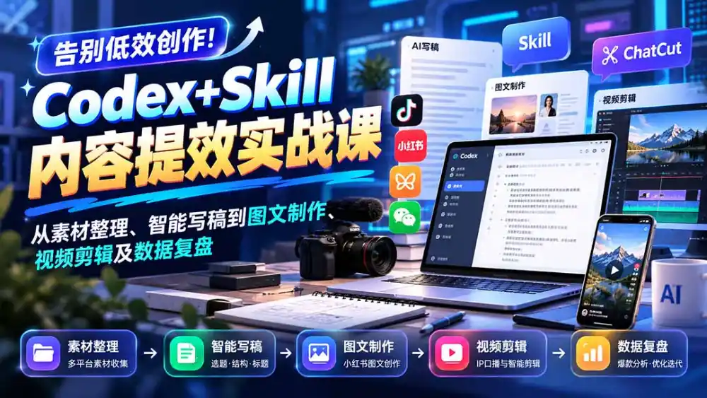 【无水印】告别低效创作！Codex+Skill内容提效实战课：从素材整理、智能写稿到图文制作、视频剪辑及数据复盘-三禾网络