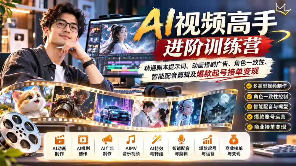 AI视频高手进阶训练营：精通剧本提示词、动画短剧广告、角色一致性、智能配音剪辑及爆款起号接单变现-三禾网络
