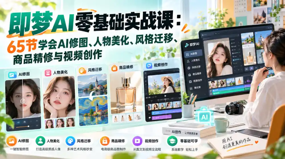 即梦AI零基础实战课：65节学会AI修图、人物美化、风格迁移、商品精修与视频创作-三禾网络