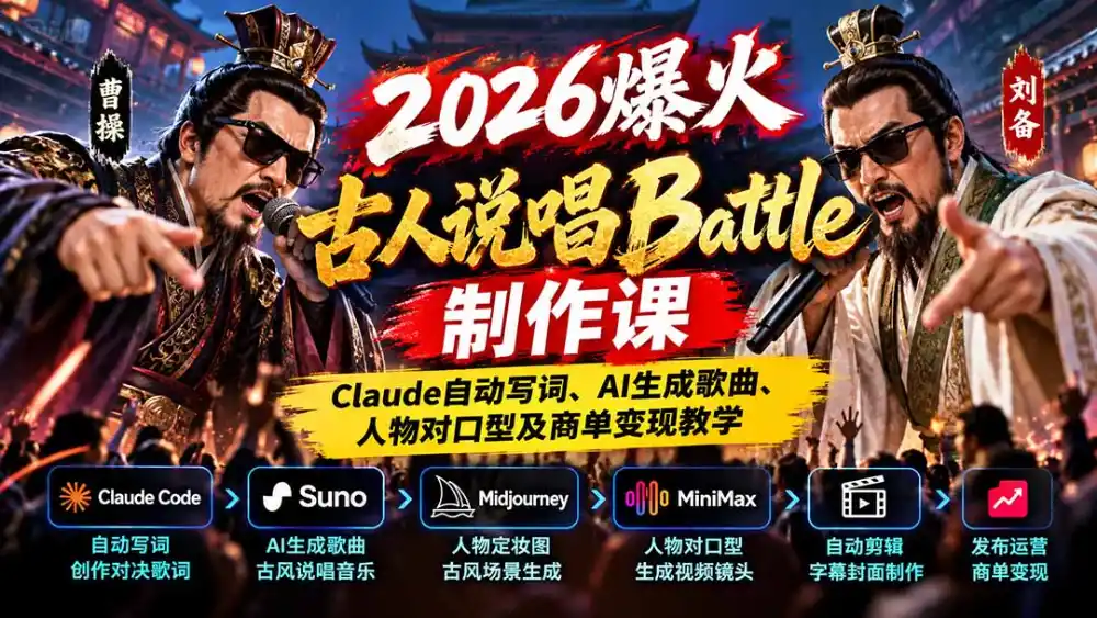 2026爆火古人说唱Battle制作课：Claude自动写词、AI生成歌曲、人物对口型及商单变现教学-三禾网络