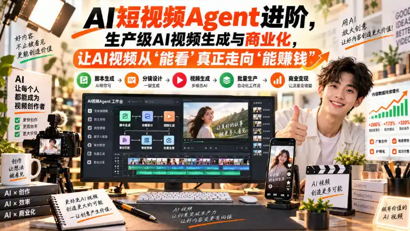 AI短视频Agent进阶,生产级AI视频生成与商业化,让AI视频从”能看”真正走向”能賺钱” AI短视频Agent进阶,生产级AI视频生成与商业化,让AI视频从”能看”真正走向”能賺钱”