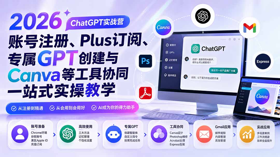 2026 ChatGPT实战营；账号注册、Plus订阅、专属GPT创建与Canva等工具协同一站式实操教学-三禾网络