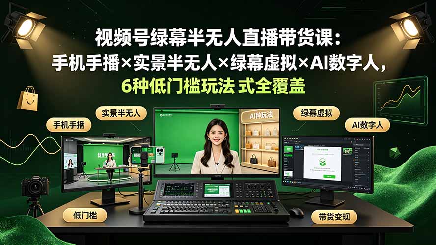 视频号绿幕半无人直播带货课：手机手播×实景半无人×绿幕虚拟×AI数字人，6种低门槛玩法全覆盖-三禾网络