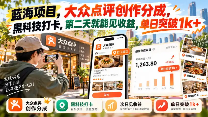 蓝海项目,大众点评创作分成,黑科技打卡,第二天就能见收益,单日突破1k+【揭秘】-三禾网络