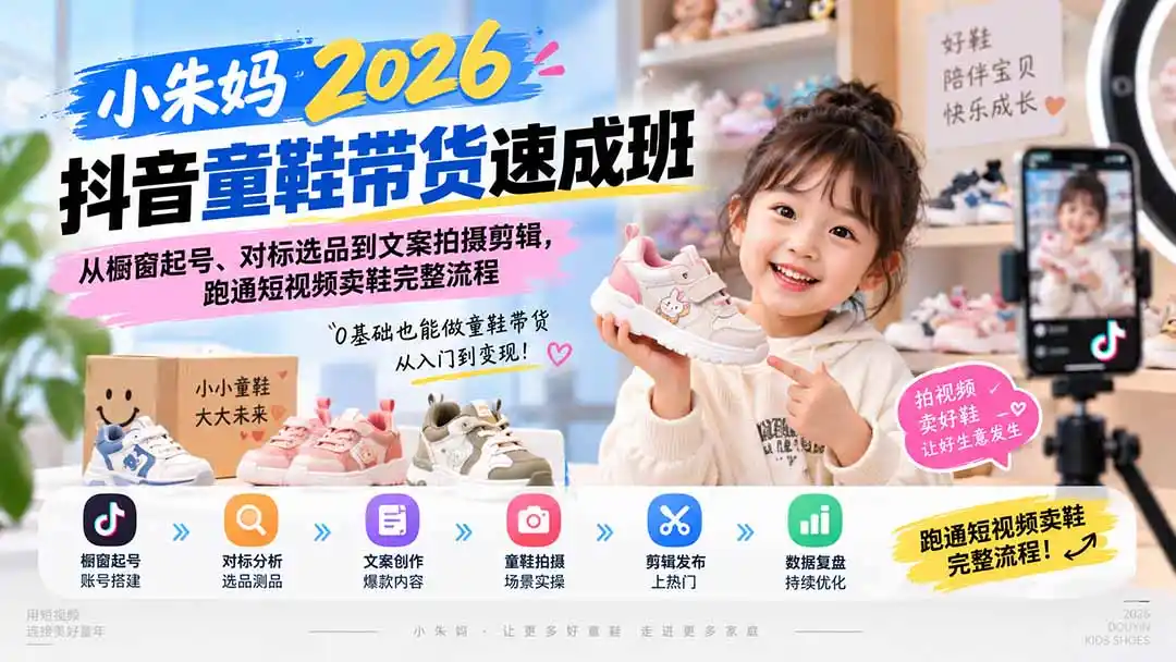 小朱妈2026抖音童鞋带货速成班：从橱窗起号、对标选品到文案拍摄剪辑，跑通短视频卖鞋完整流程-三禾网络