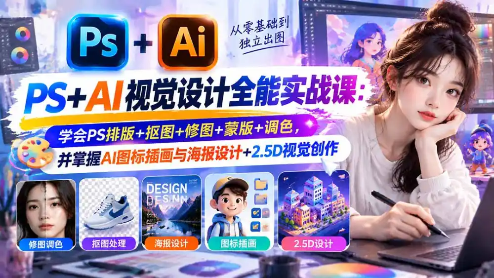 【无水印】PS+AI视觉设计全能实战课：学会PS排版+抠图+修图+蒙版+调色，并掌握AI图标插画与海报设计+2.5D视觉创作-三禾网络