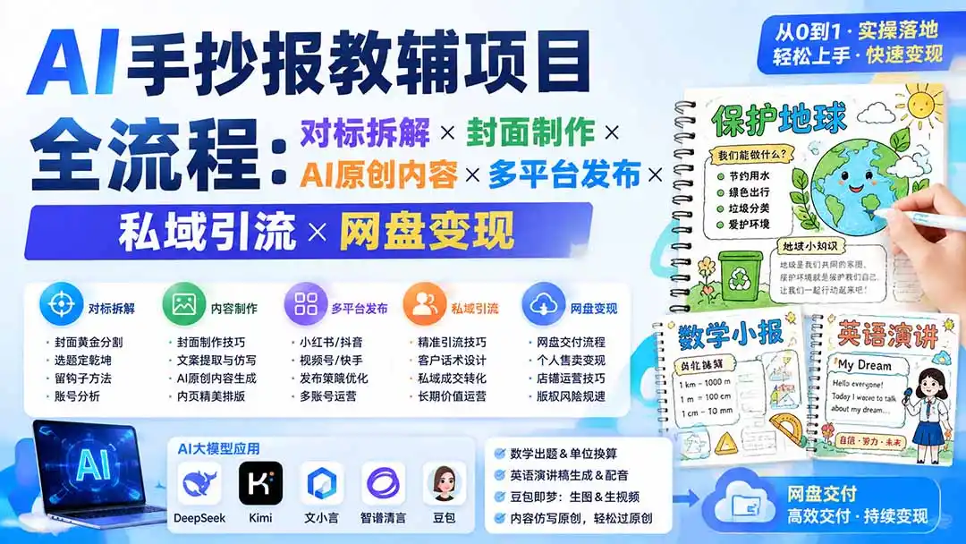 AI手抄报教辅项目全流程：对标拆解×封面制作×AI原创内容×多平台发布×私域引流×网盘变现-三禾网络
