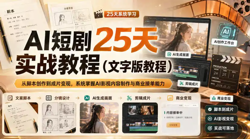 AI短剧25天实战教程(文字版教程)，从脚本创作到成片变现，系统掌握AI影视内容制作与商业接单能力-三禾网络