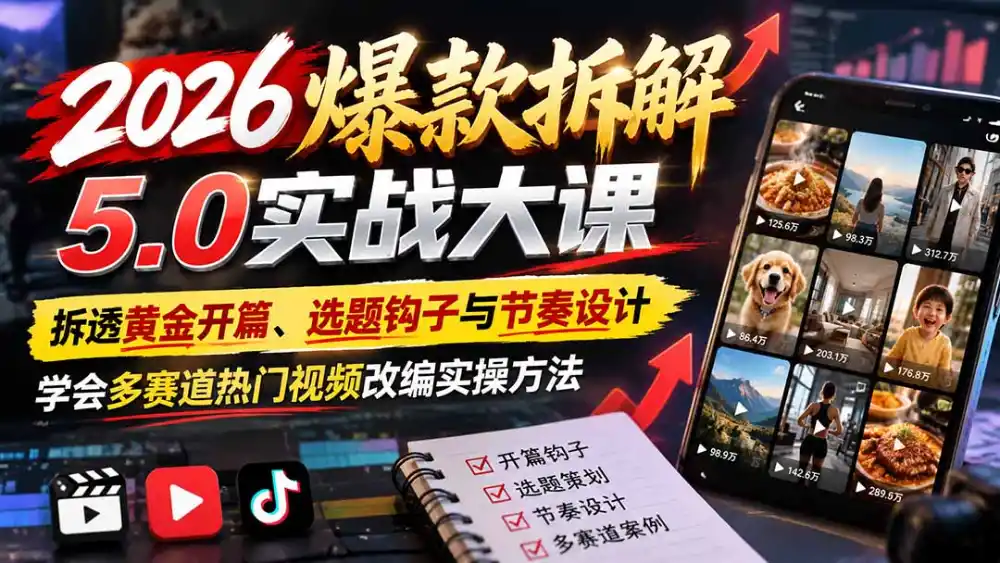 2026爆款拆解5.0实战大课：拆透黄金开篇、选题钩子与节奏设计，学会多赛道热门视频改编实操方法-三禾网络